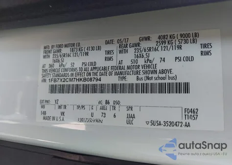 2017 Ford Transit-350 Xl z USA, uszkodzony, nr VIN 1FBZX2CM7HKB08794